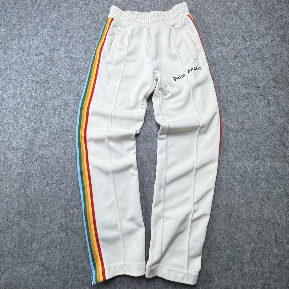 Palm Angels Track Pants Mens Small White Rainbow Side Stripe Jersey Zip Hem
